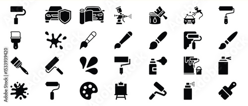 Black Paint Roller Brush Spray Can Car Icons Set paint brush 1