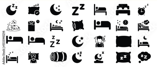 Black Sleep Icons Set Bed Pillow Moon Zzz vector