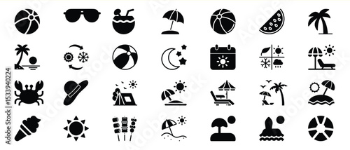 Black Summer Vacation Icons Set Beach Sun Umbrella Coconut 1