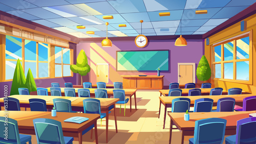 A calm, inspiring illustration of well lit spacious hall for lectures and presentations highlights symmetry and balance. The classroom with whiteboard indoor background invites focus, discussion, and 