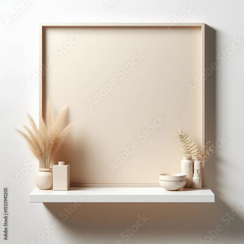 A chic shelf features a large empty frame surrounded by neutral decor items including vases, bowls, and dried plants. The light colors create a serene atmosphere ideal for modern interiors
