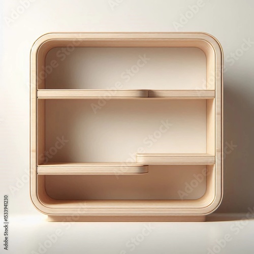 This modern wooden shelving unit showcases a creative design with smooth curves and open spaces, perfect for displaying books and decorative items. Its light color complements a minimalist theme