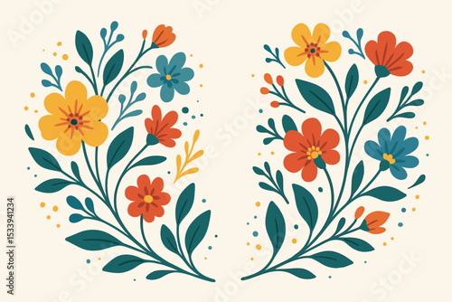 Symmetrical floral frame with folk art flowers and leaves. Vector illustration for greeting card or invitation. Retro style botanical composition with vibrant colors. Spring concept.