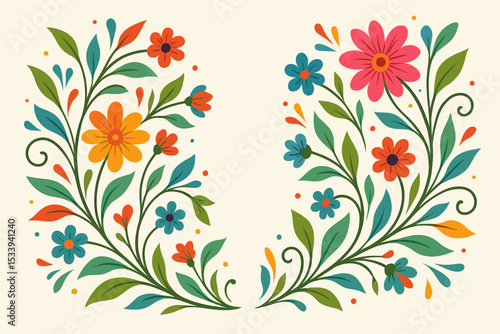 Mexican folk art floral frame with vibrant flowers and leaves. Symmetrical botanical border for cards, invitations, and banners. Colorful spring summer decorative vector ornament.