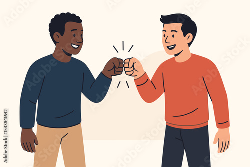 Two diverse men giving a fist bump. Happy multiracial friends or colleagues celebrating success. Concept of teamwork, partnership, unity, agreement, and cooperation. Vector.