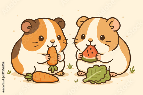 Two cute guinea pigs cartoon characters eating a feast of carrots and watermelon. Kawaii vector illustration of adorable pet rodents enjoying fresh vegetables and fruit. Happy animal friends.