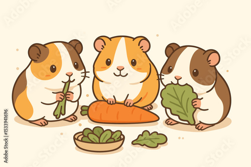 Three cute guinea pigs eating a healthy vegetable feast. Kawaii cartoon pet characters with carrot and lettuce. Adorable cavy rodent friends illustration for kids or vet.
