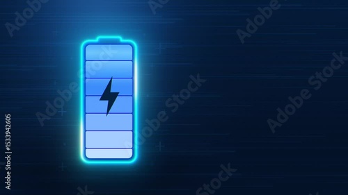 Futuristic animation of neon battery charging icon with lightning icon. Fast battery charging on dark blue background with particle flow. Horizontal. 4k