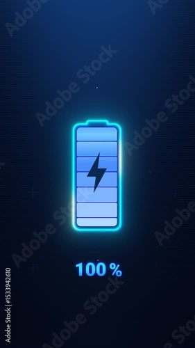 Looped animation of neon battery charging icon with particle flow in circle and charge percentage. Fast battery charging on dark blue background. Vertical. 4k