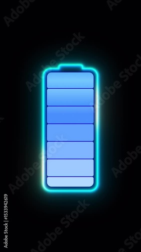 Animation of neon battery charging icon. Fast battery charging on dark black background. Vertical. 4k