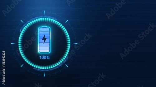Looping animation of neon battery charging icon with lightning icon and percentage indication. Display charge level indicator with scale. Fast battery charging on dark blue background. Horizontal. 4k