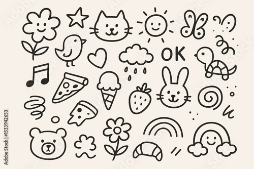 Cute hand drawn doodle set. Collection of whimsical cartoon icons. Simple black line art vector illustration. Kawaii sticker pack with animal, food, nature and weather symbols for kids.