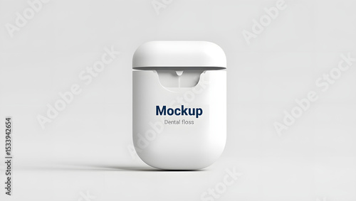 A sleek white dental floss container, isolated on white background, displays a minimalist mockup label