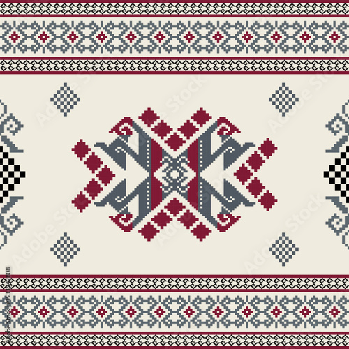 Red and black Ukrainian folk ornament. Ethnic seamless pattern. Cross-stitch pattern. Pixel seamless pattern. Vector illustration. Design for background, elaborate borders, and textiles.