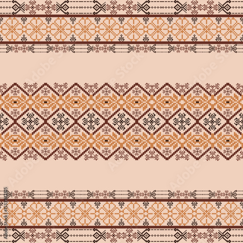 Brown ethnic boho seamless pattern. Tribal pattern. Folk motif. Cross-stitch pattern. Pixel seamless pattern. Vector illustration. Design for background, elaborate borders, and textiles. 