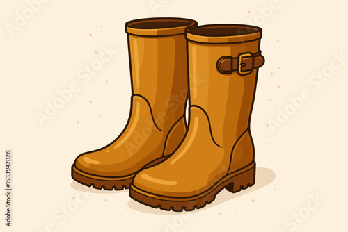 Autumn rain boots vector illustration. A pair of brown gumboots or wellingtons with a buckle. Stylish waterproof footwear for gardening, farming, and outdoor rainy day activities.