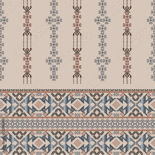 Brown and blue ethnic boho seamless pattern. Tribal pattern. Folk motif. Cross-stitch pattern. Pixel seamless pattern. Vector illustration. Design for background, elaborate borders, and textiles. 
