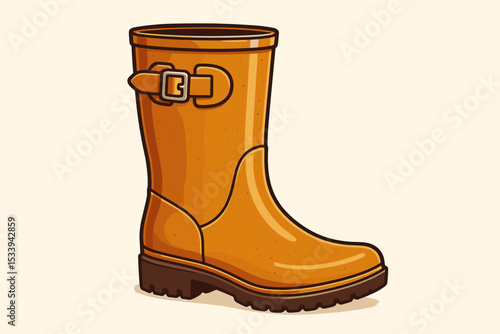 Stylish orange gumboot vector illustration for autumn season. Single rubber rain boot icon for wet weather and gardening. Waterproof footwear fashion graphic isolated on background.