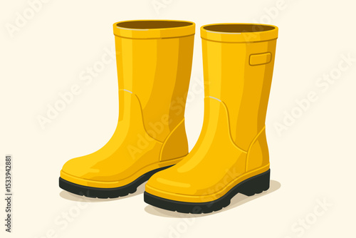 Yellow rain boots illustration, a classic pair of waterproof wellington boots. Autumn footwear for a rainy day, gardening, or outdoor activities. Isolated rubber gumboots vector.