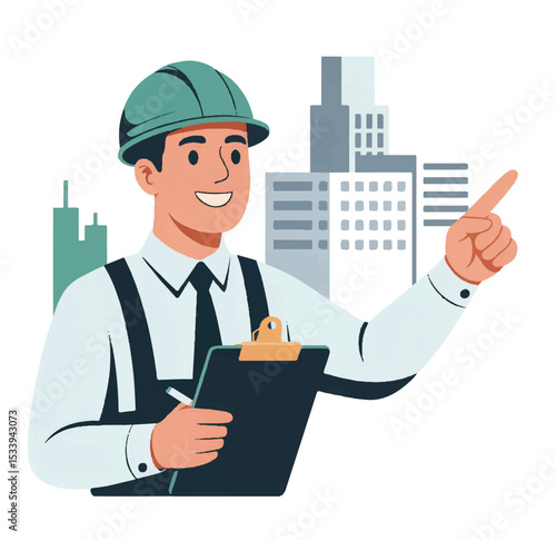 Smiling engineer or architect pointing: construction management, urban planning, and building project oversight

