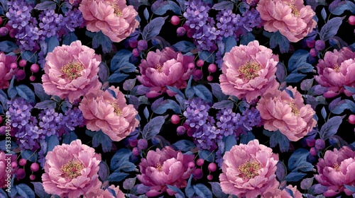 Fototapeta Naklejka Na Ścianę i Meble -  Seamless pattern with delicate pink and blue peony flowers on dark background. Floral design for fabric, textile, wallpaper, printing, spring, summer.