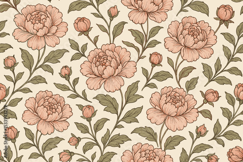 Seamless pattern with pink peony flowers in a vintage engraving style. Retro botanical floral illustration. Elegant hand-drawn garden background for textile, wallpaper print design.