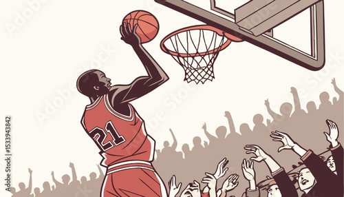 African American National Basketball Superstar Player Scoring a Powerful Slam Dunk Goal with Both Hands In Front Of Cheering Audience Of Fans. Cinematic Sports Shot with Back View Action     