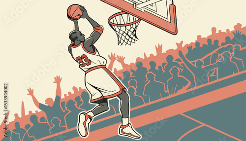 African American National Basketball Superstar Player Scoring a Powerful Slam Dunk Goal with Both Hands In Front Of Cheering Audience Of Fans. Cinematic Sports Shot with Back View Action     