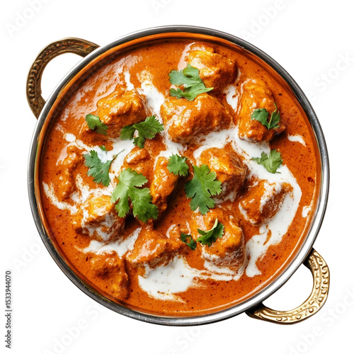 indian butter chicken curry in balti dish top down view and isolated with cream [Transparent Background PNG]