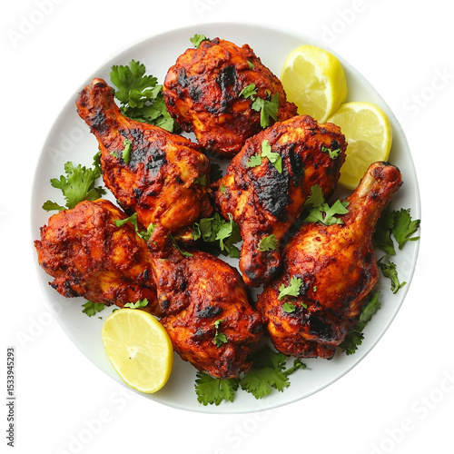  indian tandoori chicken on plate shot from top down view and isolated [Transparent Background PNG]