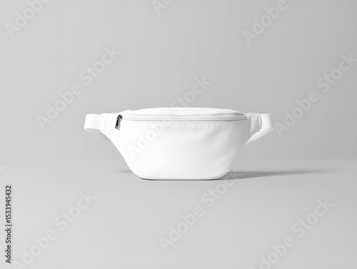 A pristine white fanny pack rests on a minimalist gray surface, isolated on white background