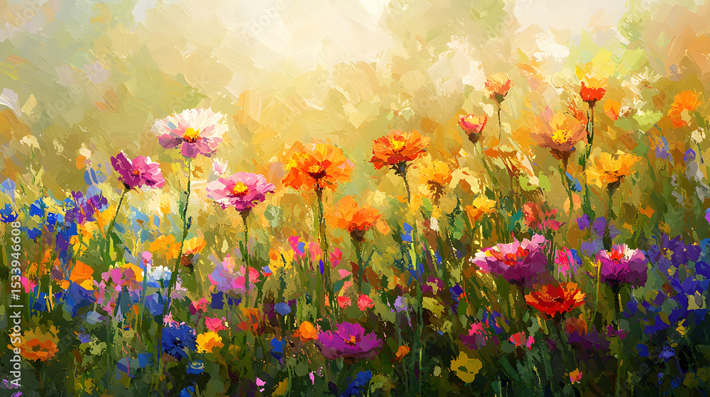 Obraz premium Digital oil painting of lush blooming summer meadow with colorful wildflowers