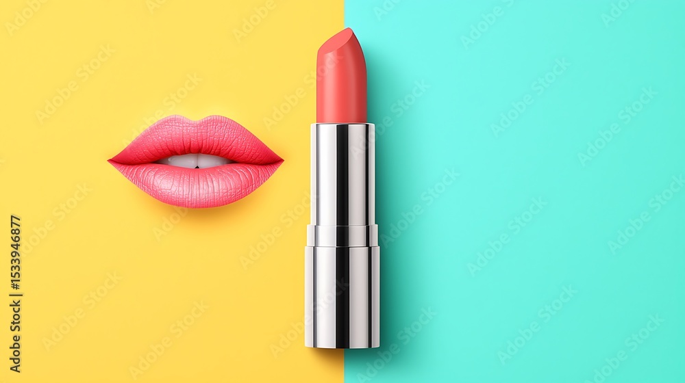 Obraz premium Glossy Pink Lips and Lipstick on Colorful Split Background for Bold Beauty Advertising,