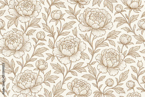 Vintage peony flower seamless pattern. Elegant floral background with hand drawn botanical line art. Luxury wallpaper, textile, fabric design. Engraving style illustration.