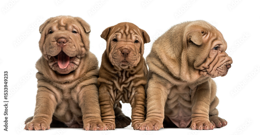 Obraz premium Front view of Shar Pei puppies sitting in a row, isolated on whi