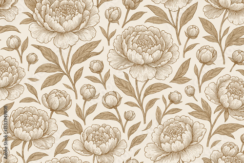 Elegant seamless pattern with vintage peony flowers. Hand drawn botanical background in a classic engraving line art style. Retro floral texture for fabric, wallpaper, wrapping.