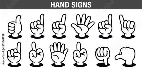 Illustration of various hand signs in black and white showing different gestures and communication methods