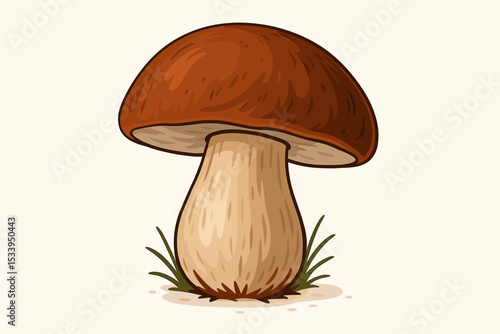 Gourmet porcini mushroom vector illustration. Wild edible Boletus edulis or king bolete fungus graphic. Isolated design element for culinary concepts, restaurant menus, food packaging.