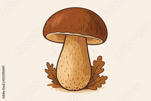 Porcini mushroom vector illustration with autumn oak leaves. Boletus edulis, a wild edible fungus for gourmet cooking. Natural organic forest food icon isolated on a background.
