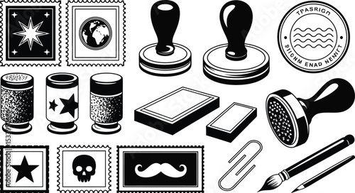 Black and white vector illustration of stamps ink pads and other office and art supplies elements