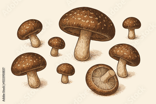 Shiitake mushroom set in a vintage engraving style. Hand-drawn botanical illustration of edible fungi for cooking and culinary concepts. Retro woodcut sketch of healthy food.