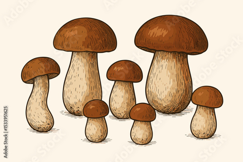 Boletus edulis mushroom collection in a vintage hand-drawn engraving style. Set of isolated porcini or cep fungi. Vector botanical illustration for gourmet food concepts.