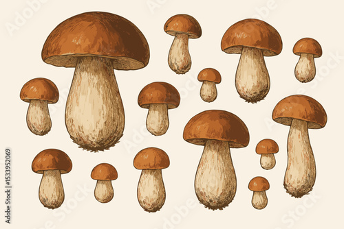 Boletus mushrooms set. Vintage hand-drawn porcini collection. Retro botanical illustration of edible cep, king bolete. Gourmet food, mycology, autumn foraging concept.