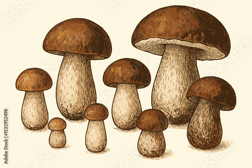 Boletus edulis mushroom collection. Vintage porcini illustration in engraving style. Hand drawn botanical art of edible ceps. Mycology design element for gourmet food packaging.