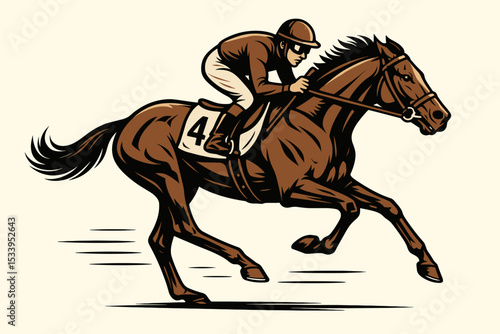 Jockey riding a fast galloping racehorse in a derby competition. Equestrian sport vector illustration. Thoroughbred stallion racing. Concept for sports betting, gambling, logo.