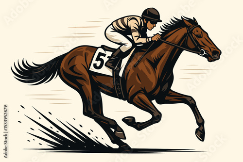 High-speed horse racing action. Jockey on a galloping racehorse during a competitive derby. Equestrian sport vector illustration. Thoroughbred horse with rider at full speed.