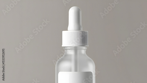 A frosted glass bottle with a white dropper top sits against a neutral gray background