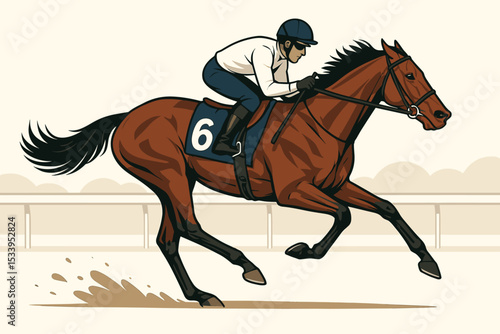 Horse racing vector illustration. Jockey riding a fast thoroughbred racehorse in a competition. Equestrian sport, derby day, and betting concept with a horse galloping on track.