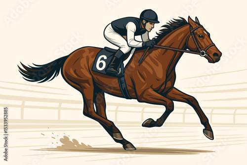 Horse racing action with jockey on a fast thoroughbred stallion. Equestrian sport concept vector illustration. Racehorse galloping at full speed on the track. Derby day champion.