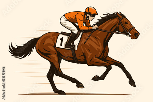 Horse racing vector illustration. Professional jockey on a powerful thoroughbred stallion galloping at high speed. Equestrian sport, competition, and betting concept. Number 1.